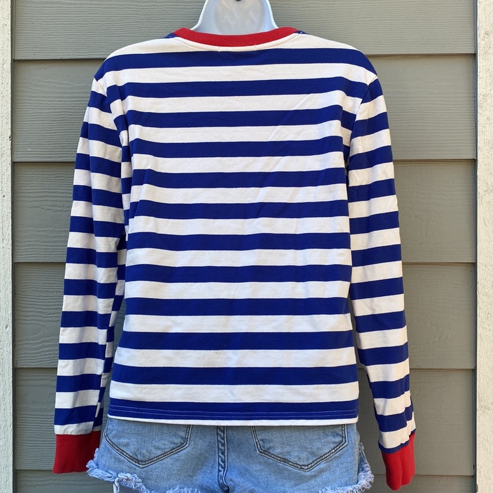 Zaful Blue & White Stripe Long Sleeve Tee Top Shirt Red Cuffs & Neckline Medium - Picture 4 of 8